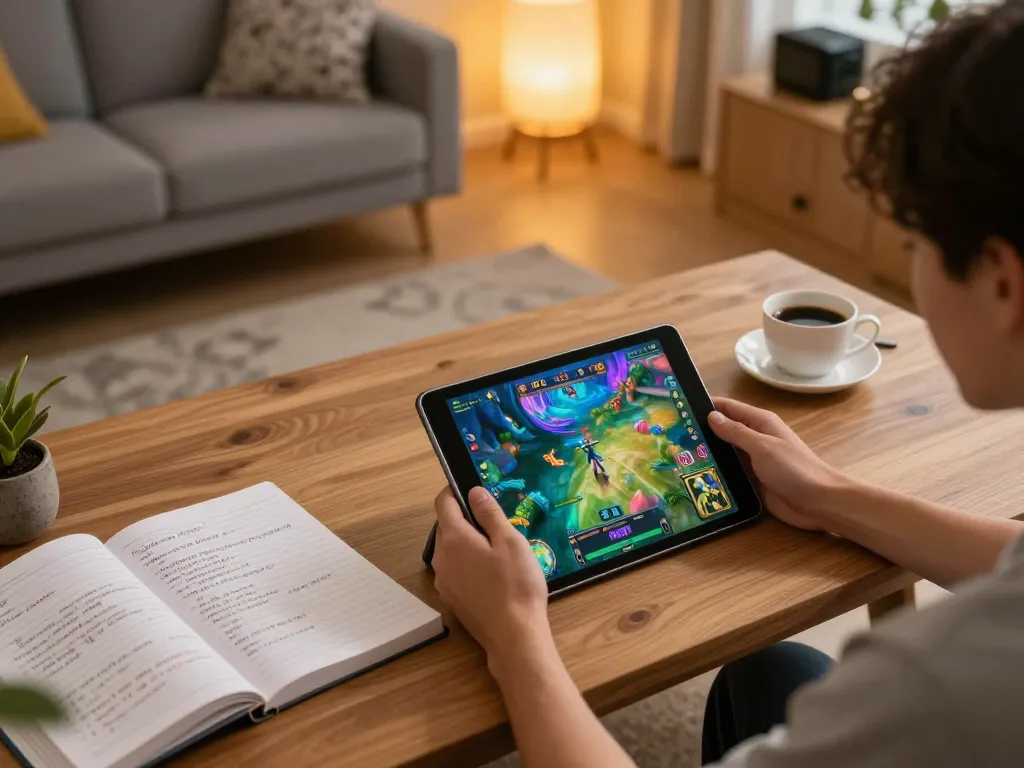 Bắn cá 9bet gameplay displayed on tablet in cozy home setup with strategy notes.