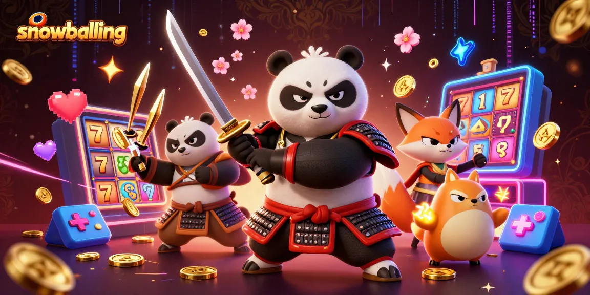 Snowballing elements enrich an action-packed casino scene featuring samurai panda, ninja fox, and tanuki.