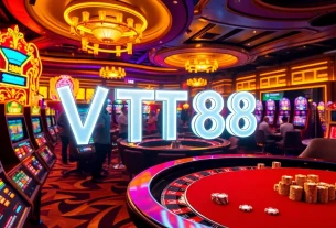 Exciting casino ambiance featuring VT88 in neon lighting amidst vibrant slot machines and poker tables.