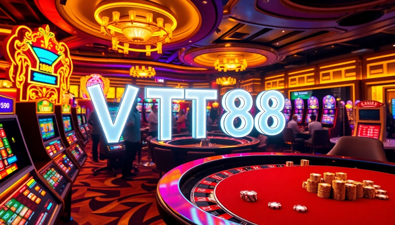 Exciting casino ambiance featuring VT88 in neon lighting amidst vibrant slot machines and poker tables.
