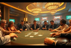Gamblers enjoying a thrilling game at pg88's luxurious poker table in a vibrant casino atmosphere.