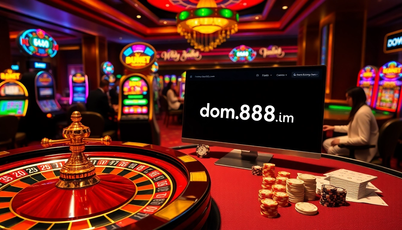 Players enjoying gaming at the upscale casino environment featured on dom88.us.com with poker chips and slot machines.