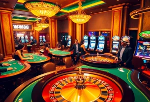 WW88 logo enhancing the vibrant atmosphere at a luxurious casino table.