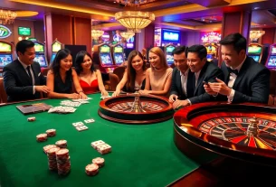 Engaged gamblers enjoying action at 8day.cn.com casino table with poker chips and roulette wheel.