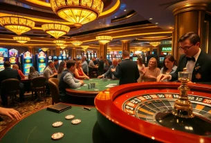 Players enjoying B8 poker chips at a luxurious casino table filled with excitement.