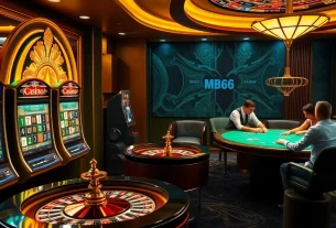 Experience high stakes gaming at mb66.nyc with an elegant casino atmosphere showcasing vibrant slot machines and tables.