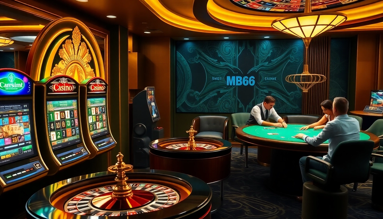 Experience high stakes gaming at mb66.nyc with an elegant casino atmosphere showcasing vibrant slot machines and tables.