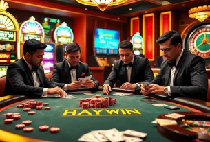 HAYWIN poker action at a luxury casino table with vibrant games and professional players.