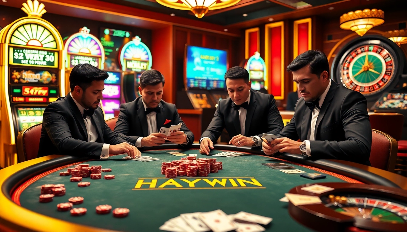 HAYWIN poker action at a luxury casino table with vibrant games and professional players.