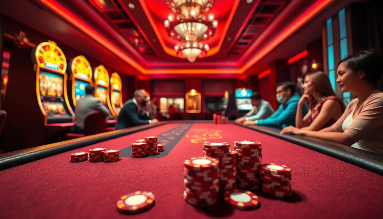 Experience the thrilling atmosphere of an online casino at ev88win.live with vibrant gaming tables and slot machines.